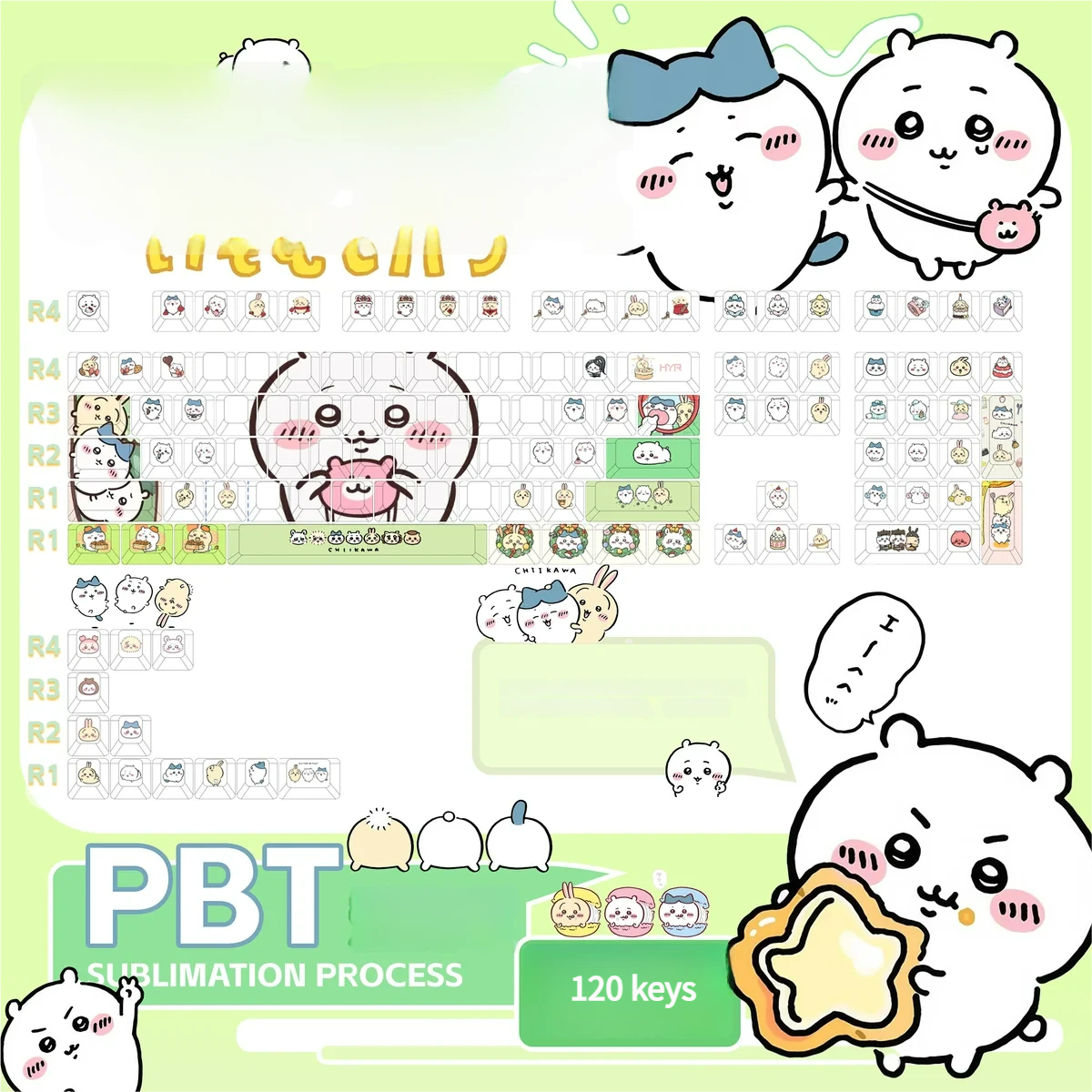 Gallery view of whimsical Chiikawa Hachiware PBT dye-sub backlit keycaps set, showcasing adorable character art from multiple angles and their smooth spherical