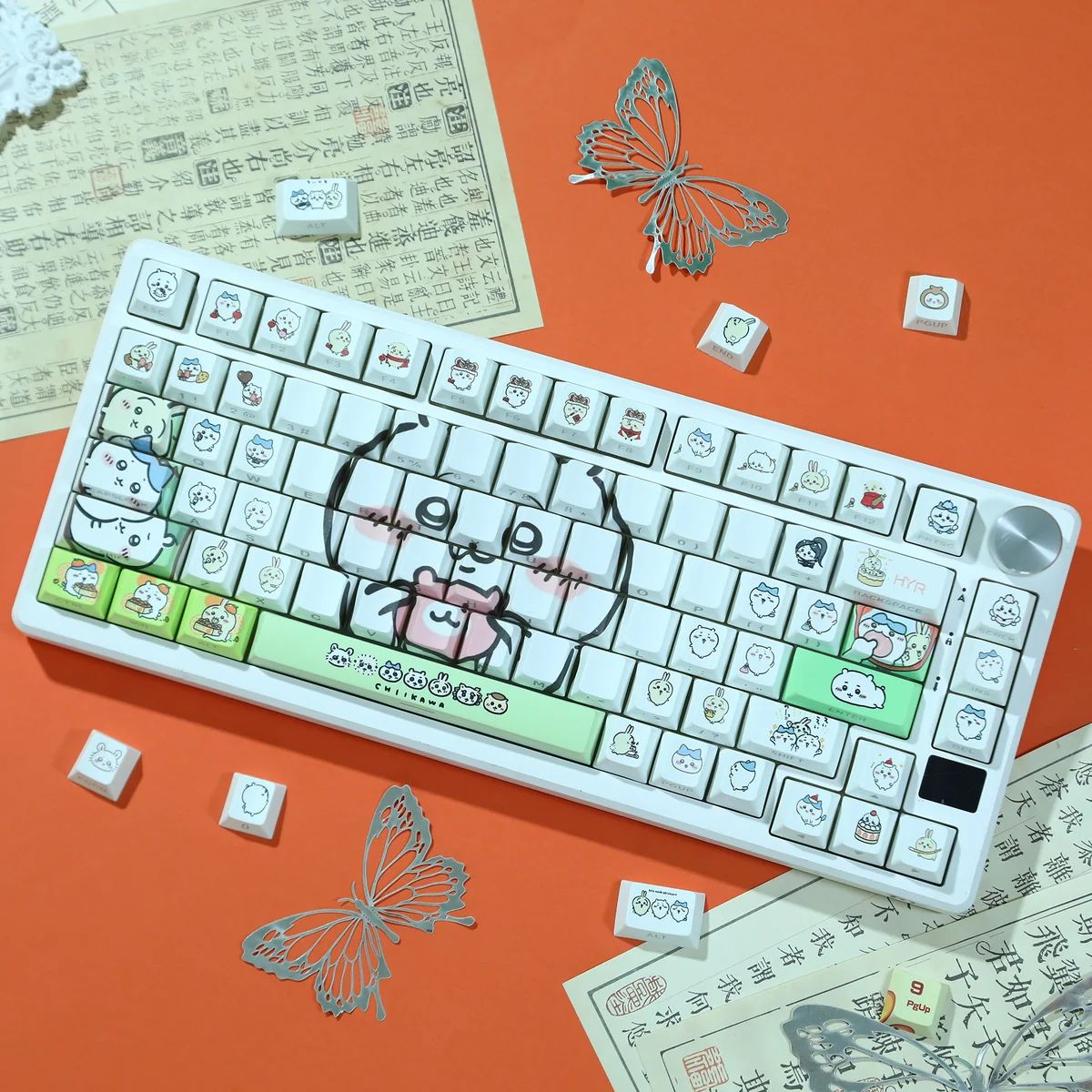 Adorable Chiikawa Hachiware PBT Dye-Sub keycaps set featuring charming character art, soft pastels, and a smooth spherical profile.