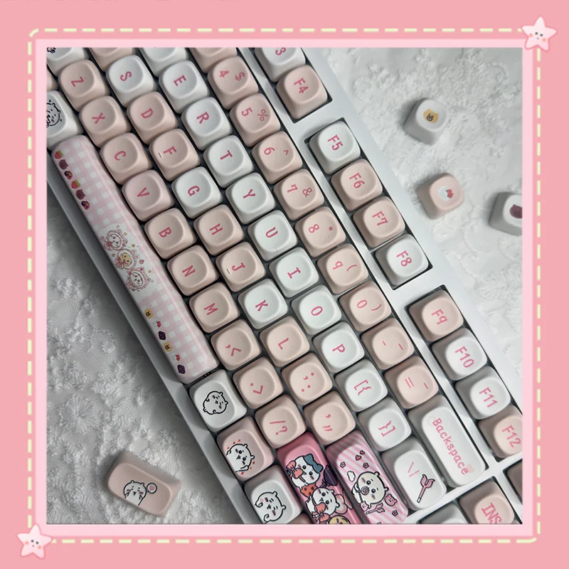 A close-up view of the adorable Chiikawa PBT MOA keycaps set, featuring whimsical pastel characters and crisp dye-sub details on the smooth texture.