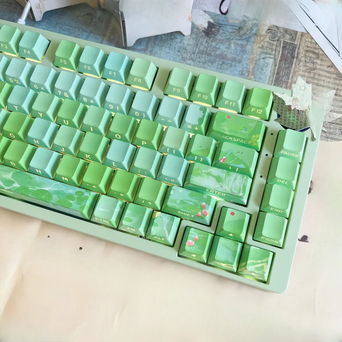 Backlit Chinese art keycaps set gallery, featuring poetic traditional landscapes with green plums and tranquil rain, viewed from various angles.