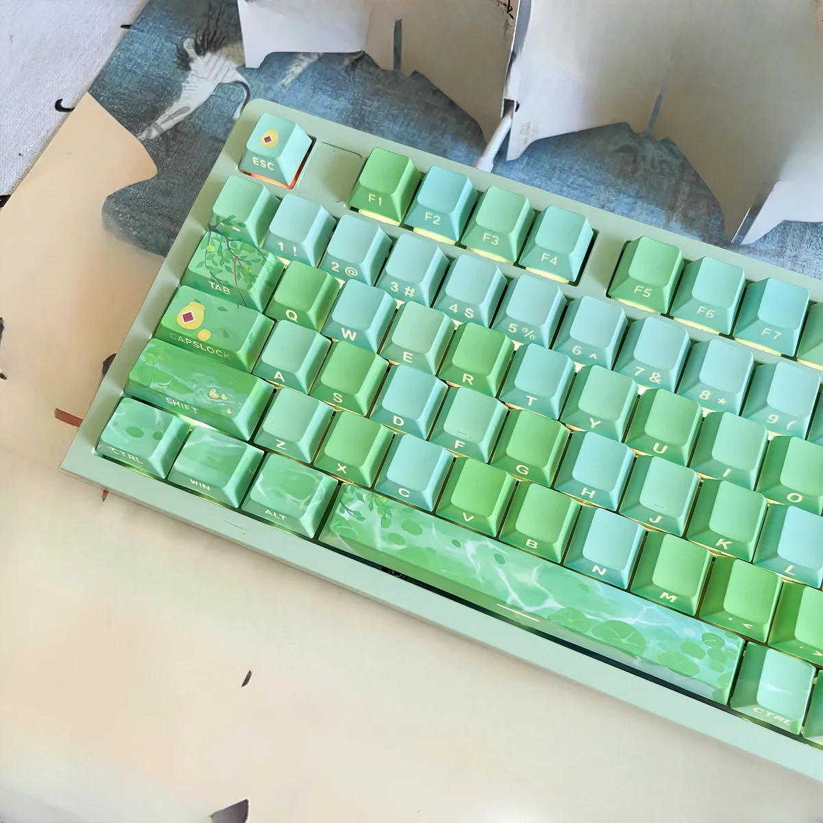 Gallery of poetic Chinese art keycaps set, backlit, featuring tranquil ancient landscapes, green plums, and rain. Shows exquisite detail from multiple view angles.