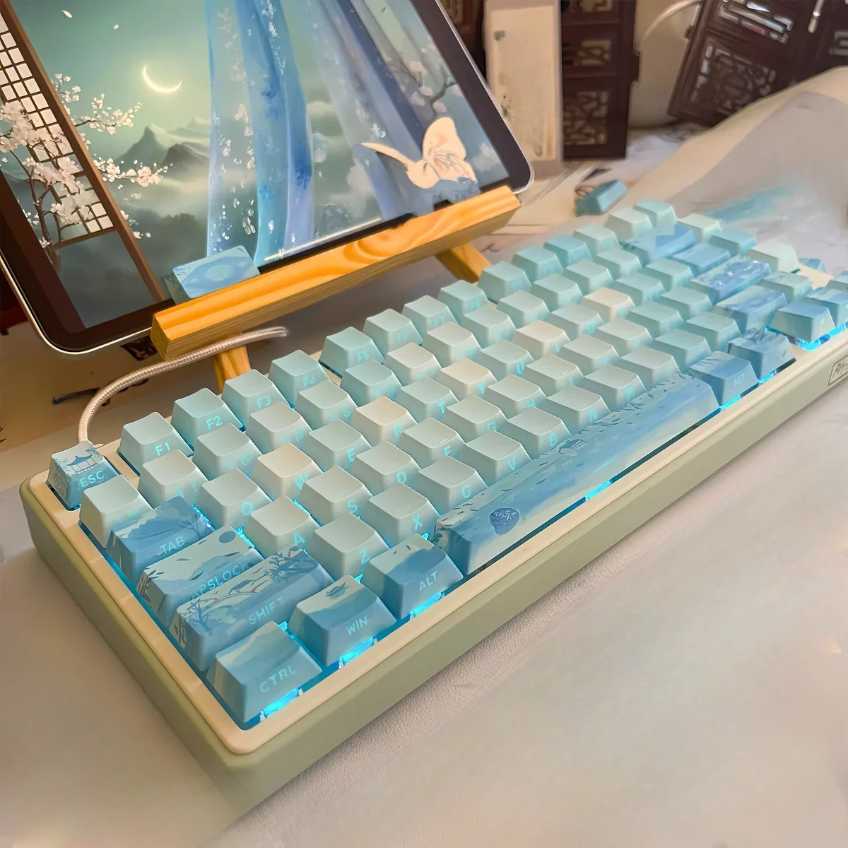 Artistic PBT backlit Tranquil Chinese Landscape Cherry Keycap Set displayed from multiple angles, revealing serene glowing ink wash mountain and river designs.