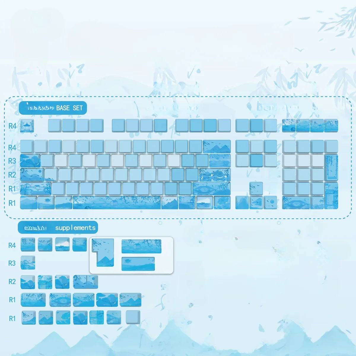 Tranquil PBT Tranquil Chinese Landscape Cherry Keycap Set, intricately designed with misty ink wash art, glowing beautifully from multiple angles under backlighting.