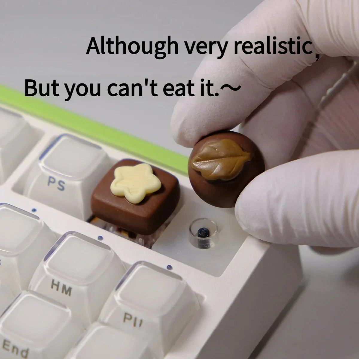 Close-up of a handcrafted artisan chocolate biscuit keycap, showcasing its realistic 3D design and rich brown hues from multiple delightful angles for custom keyboard.
