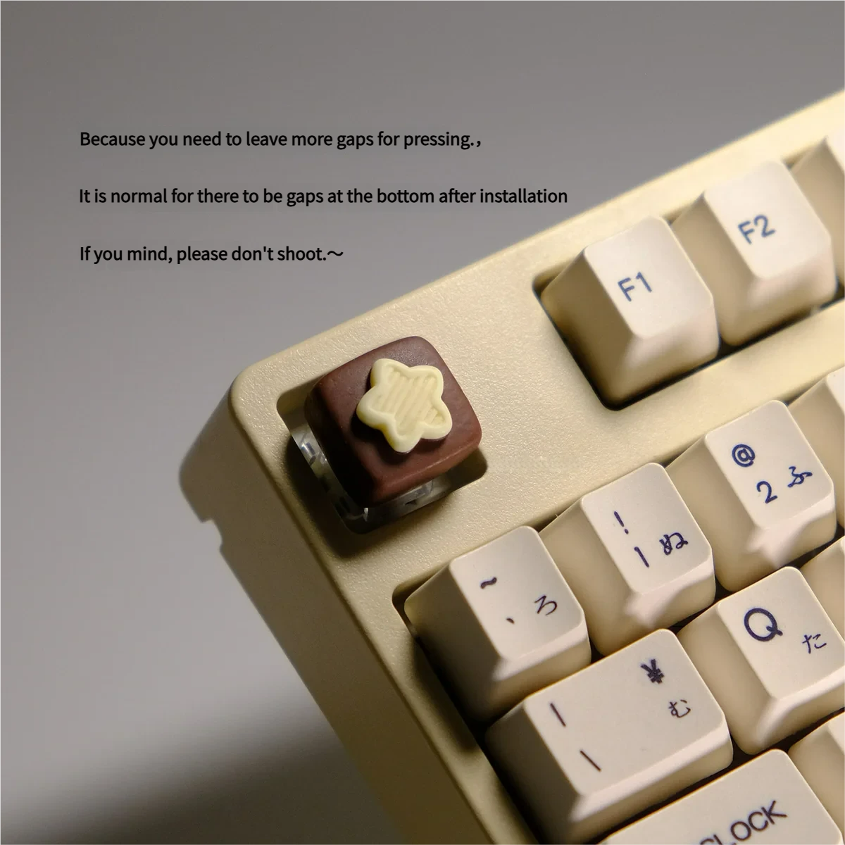 Handcrafted artisan chocolate biscuit keycap. Realistic 3D chocolate design in rich brown hues, shown from a delightful angle. This whimsical keycap sweetens setup.