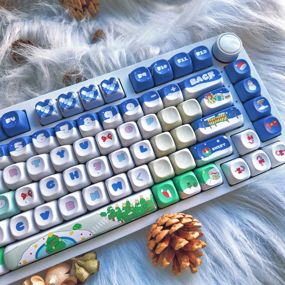 Artistic close-up of durable PBT festive blue Christmas keycaps set, featuring intricate winter wonderland icons from the full set, evoking a cozy aesthetics.