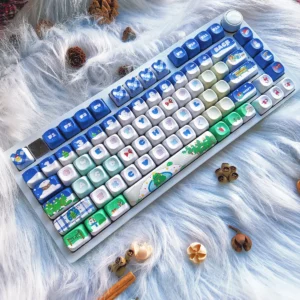 Artistic festive blue PBT Christmas keycaps set featuring cozy winter wonderland designs, perfect for a unique keyboard aesthetic.