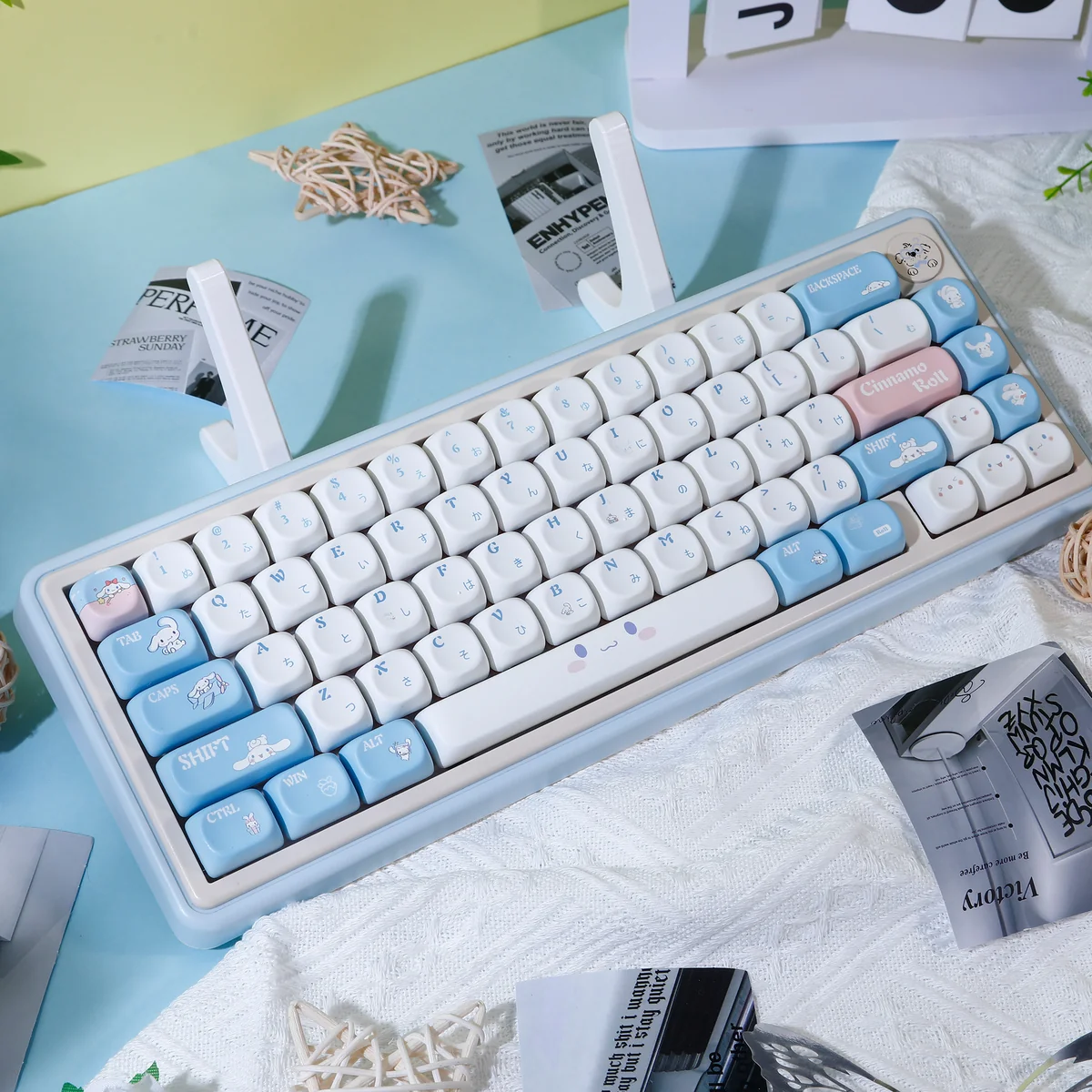 Cinnamoroll PBT keycaps set displayed from various angles, highlighting their whimsical designs, soft hues, and durable smooth finish.