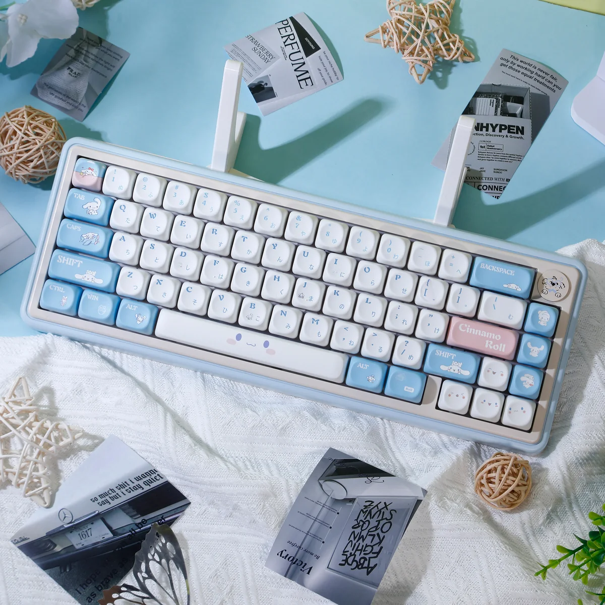Cinnamoroll PBT keycaps set displayed from various angles, showcasing whimsical designs in soft hues on durable, smooth PBT.