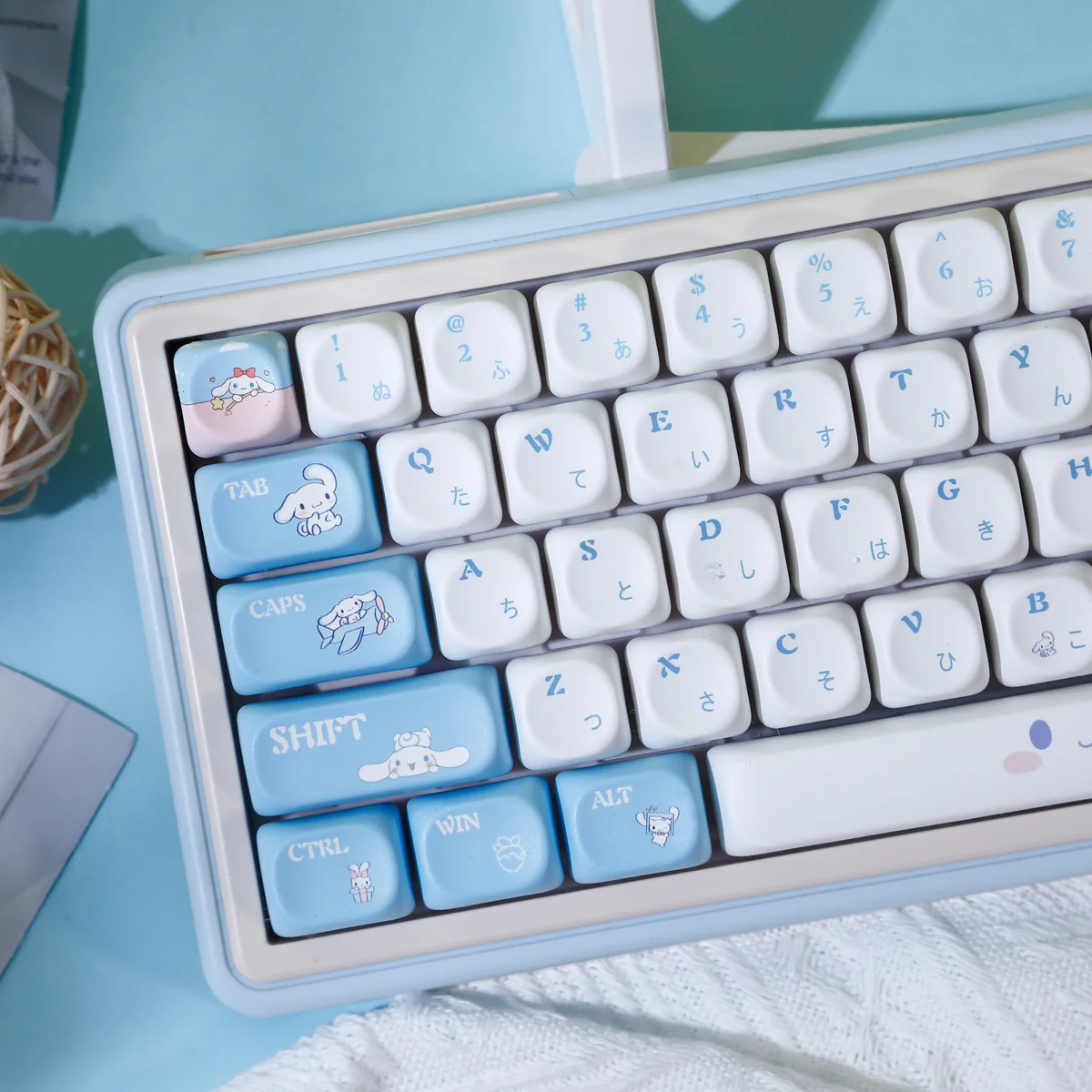 Cinnamoroll PBT keycaps set gallery view, highlighting playful whimsical designs, soft hues, and durable smooth PBT texture.