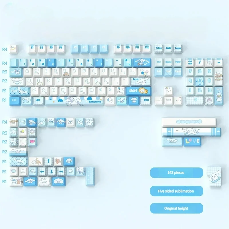 Playful Cinnamoroll PBT keycap set with a crisp dye-sub big-eared puppy design in soft pastel blue and white, ensuring durable, charming aesthetics.