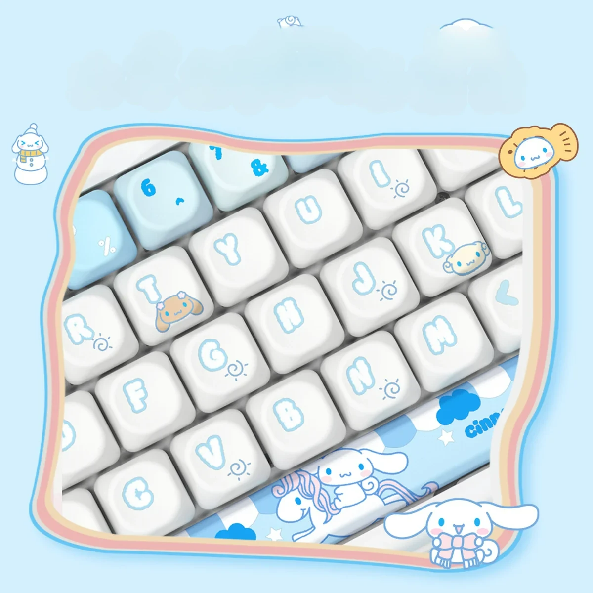 Whimsical Cinnamoroll PBT Dye-Sub Keycap Set gallery, showing crisp Cinnamoroll character art and durable PBT from multiple angles. Features soft blue design.