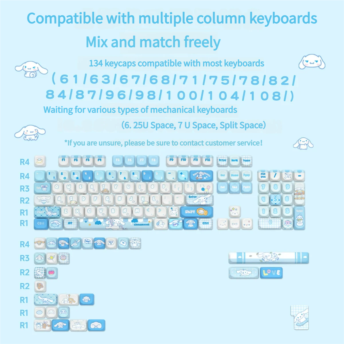 Close-up views of the durable PBT Cinnamoroll dye-sub keycaps set, featuring crisp, playful soft blue and white pastel character art from multiple perspective angles.