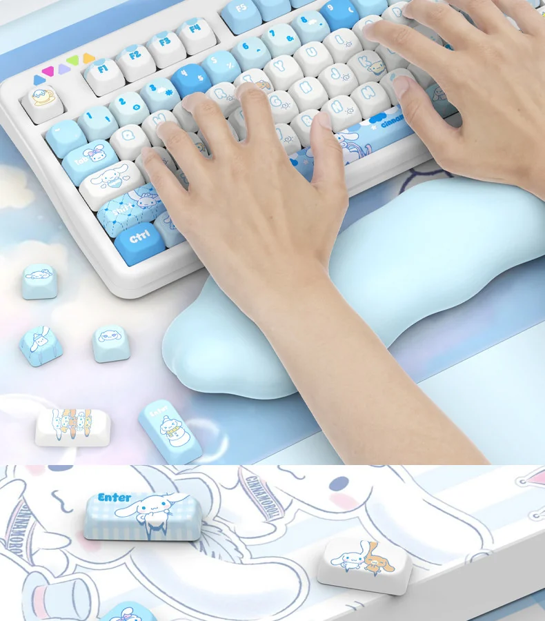 Detailed views of a whimsical Cinnamoroll PBT dye-sub keycap set, showcasing its crisp character art and soft blue and white pastel design.