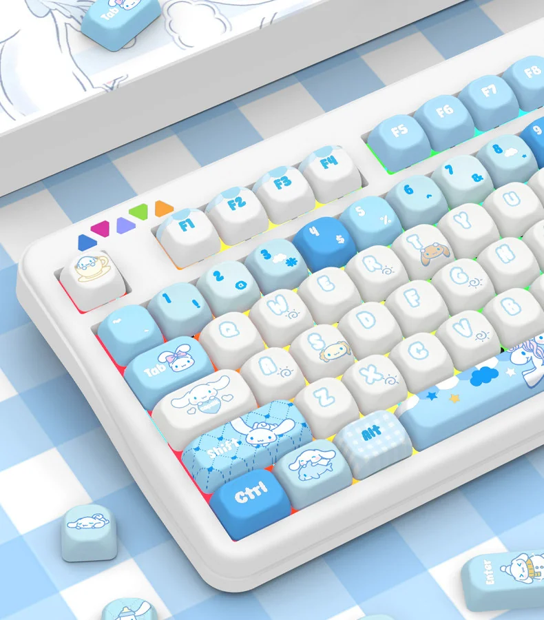 Playful Cinnamoroll PBT dye-sub keycap set in MOA profile, featuring the charming big-eared puppy design with soft blue and white pastel colors.