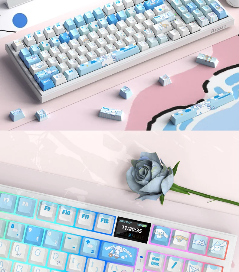 Playful Cinnamoroll PBT keycap set with a crisp dye-sub big-eared puppy design in soft pastel blue and white, ensuring durable, charming aesthetics.