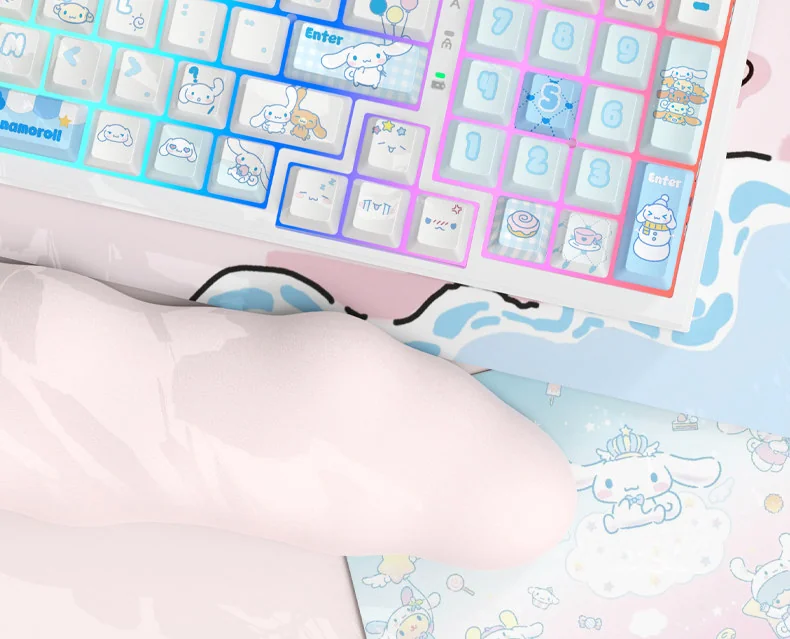 Playful Cinnamoroll PBT dye-sub keycap set in MOA profile, featuring the charming big-eared puppy design with soft blue and white pastel colors.