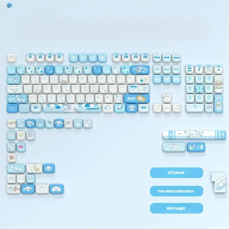 Playful Cinnamoroll PBT dye-sub keycap set in MOA profile, featuring the charming big-eared puppy design with soft blue and white pastel colors.