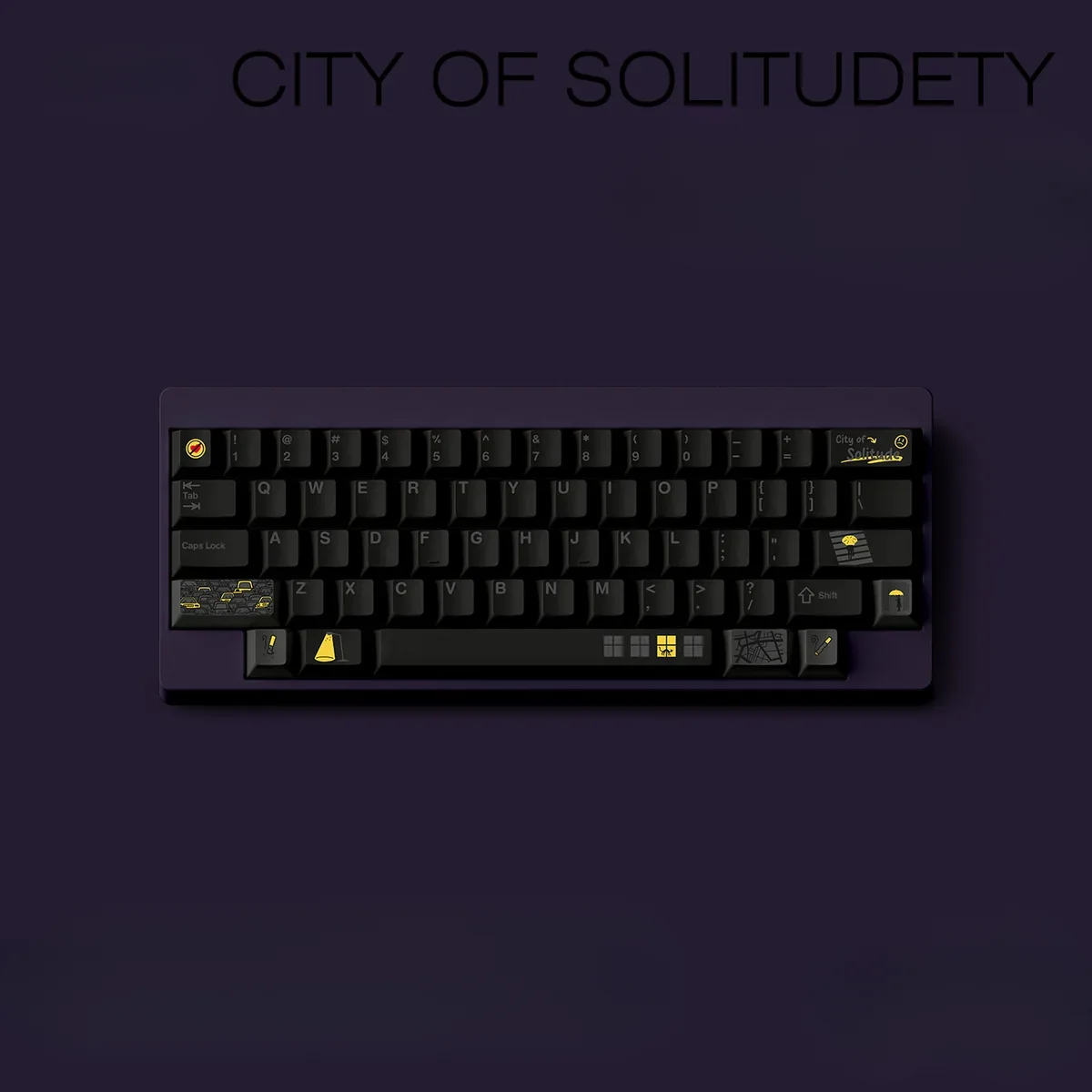 Various angles of the City of Solitudety Cherry Keycap Set, highlighting the stark black aesthetic and premium PBT durability, perfect for modern urban solitudety.