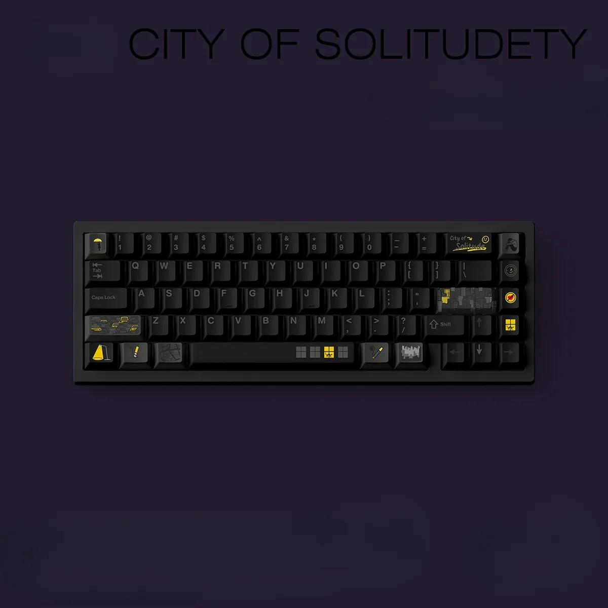 An angled view of the premium City of Solitudety Cherry Keycap Set, highlighting the stark black aesthetic and robust PBT material for a sophisticated urban design.