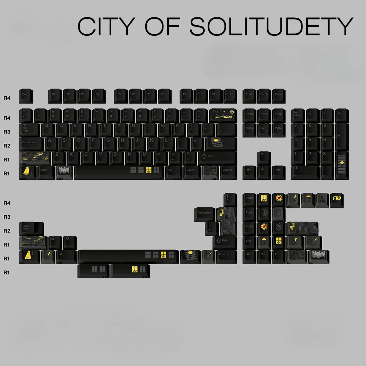 City of Solitudety Cherry Keycap Set, displayed from an alternative angle, emphasizing the stark minimalist black aesthetic and premium PBT durability for urban.