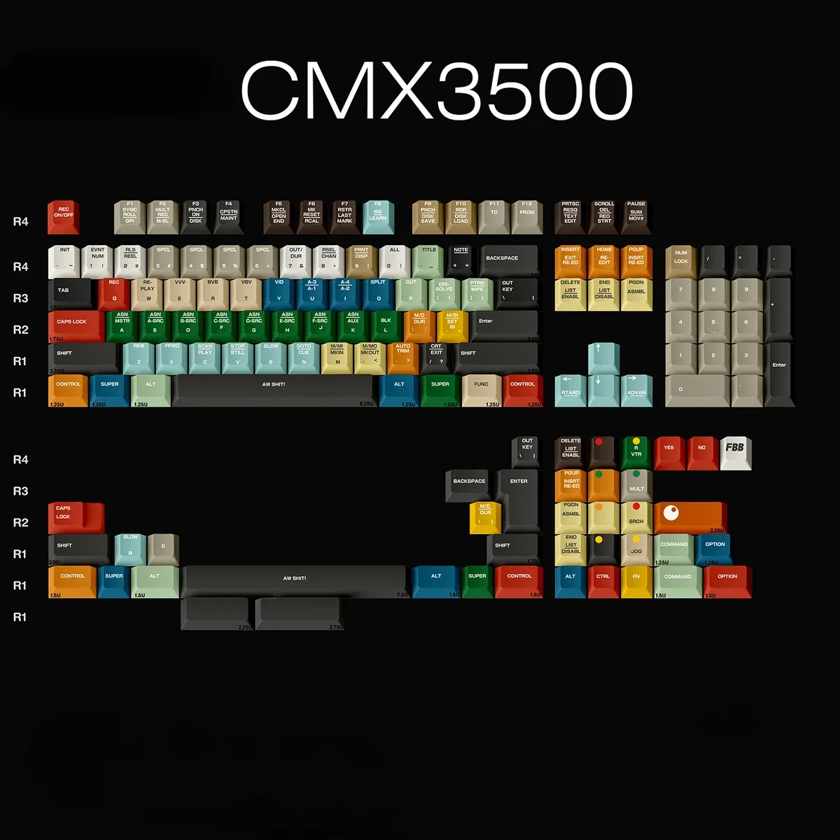 Timeless CMX 3500 retro PBT dye-sub keycaps set from multiple angles, showcasing sophisticated muted tones, classic industrial design, and vintage tech aesthetics.