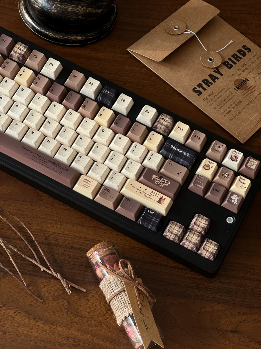 Coffee PBT Keycaps Set gallery: Durable dye-sub PBT with unique vintage Cherry profile and warm coffee-themed aesthetic in cream and dark brown.