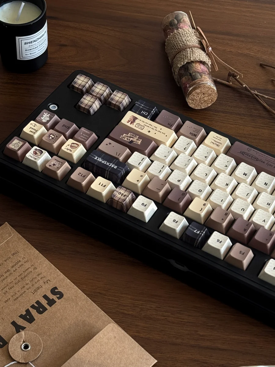 Coffee PBT keycaps set gallery displaying multiple angles, emphasizing their durable dye-sub PBT, warm coffee tones, and vintage Cherry profile.