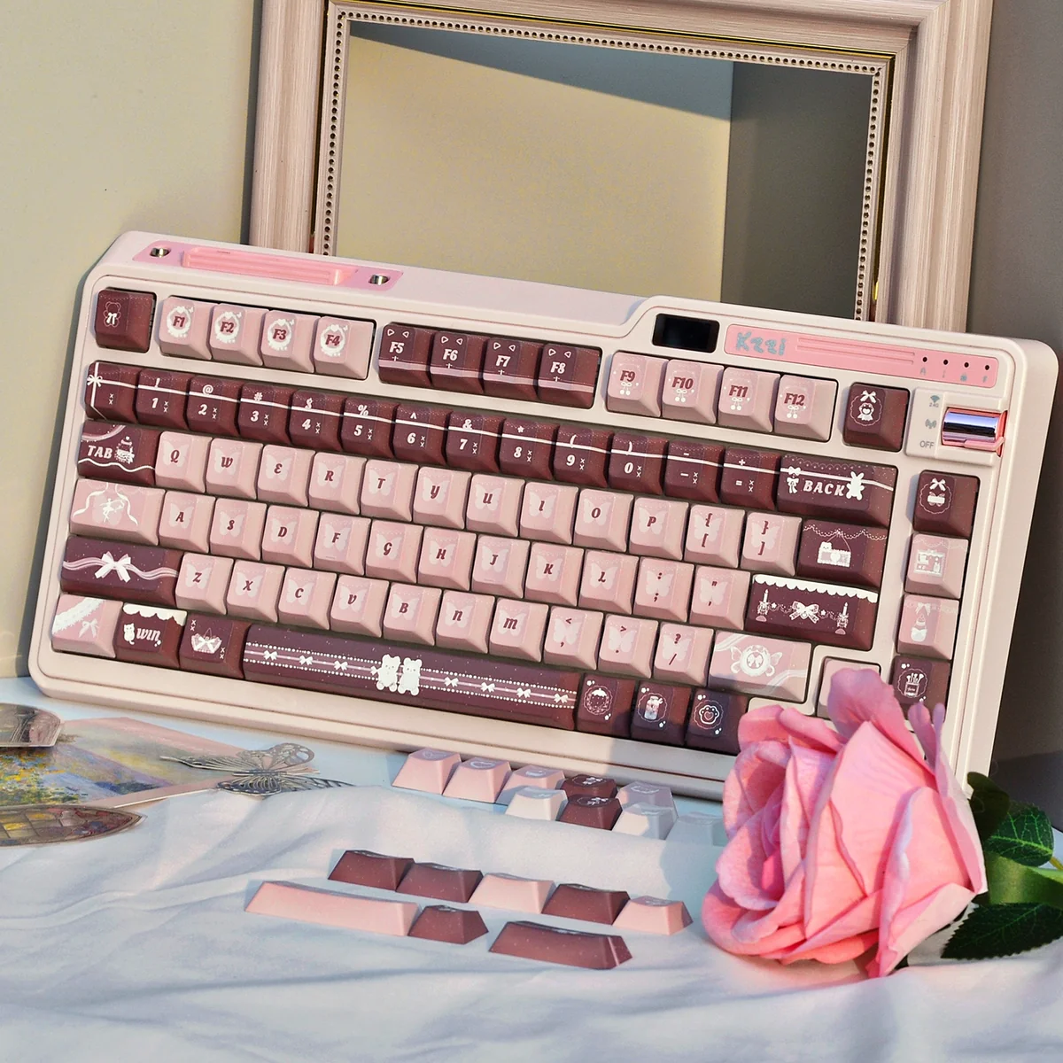 Detailed shot of the Keycap Set, highlighting durable dye-sub legends, smooth textures, and the warm coffee and rose.