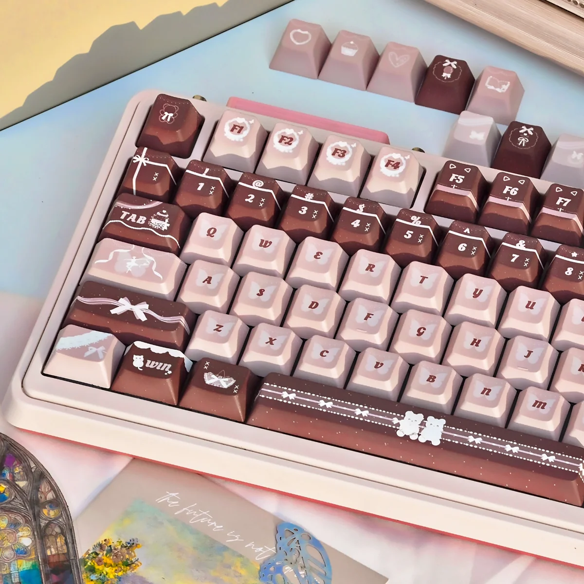 Coffee Whisper PBT Keycap Set, highlighting durable dye-sub PBT in warm coffee and rose tones, exuding understated elegance.