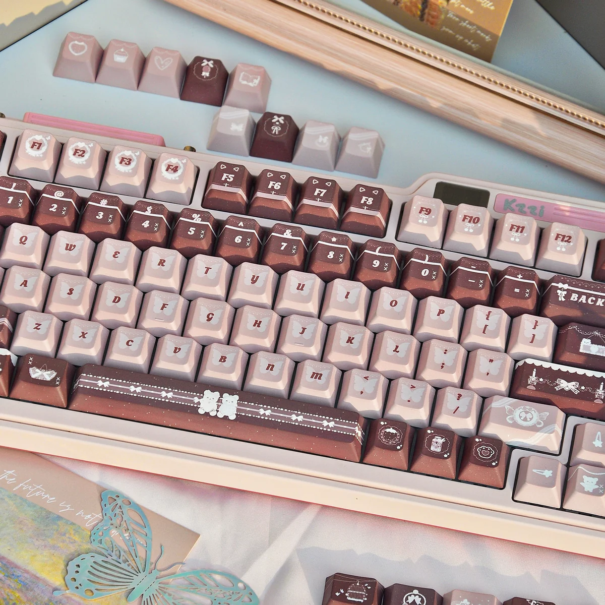 Coffee Whisper PBT keycap set, showcasing durable dye-sub PBT with warm coffee and rose tones from multiple angles.
