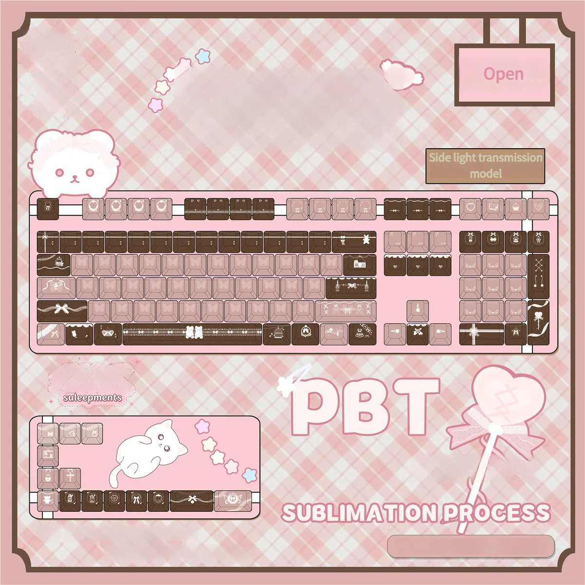 Coffee Whisper PBT keycap set with side-lit square legends, showcasing durable dye-sub PBT in a warm coffee and rose palette for a premium setup.