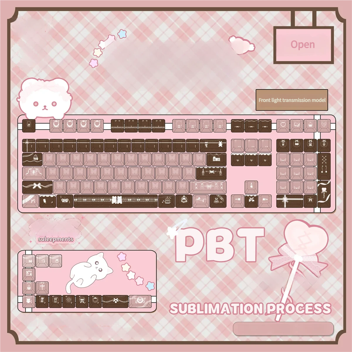 Premium Coffee Whisper PBT keycap set with a front light-transmitting square legend, showcasing durable dye-sub PBT in a warm palette.