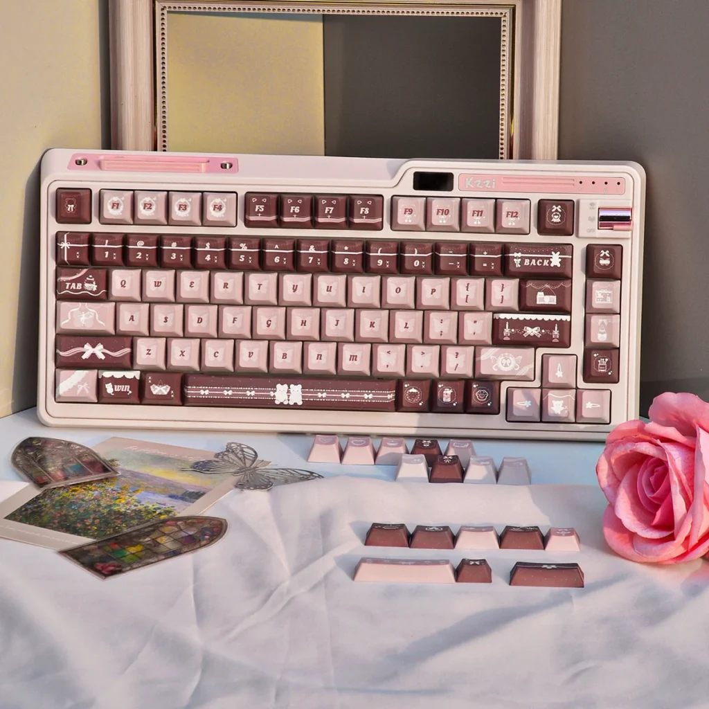 Coffee Whisper PBT Keycap Set showcasing durable dye-sub PBT keycaps in a warm coffee and rose palette for an elegant, calming desk set.