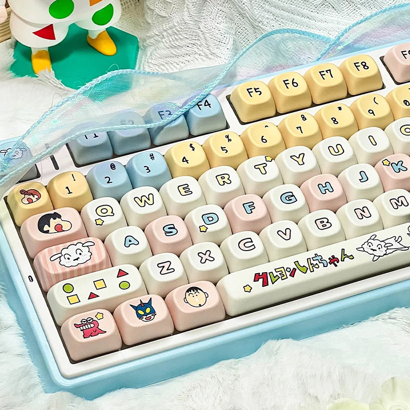Close-up of vibrant Crayon Shin-chan PBT MOA keycaps set, showcasing mischievous art and smooth spherical profiles from a unique angle.