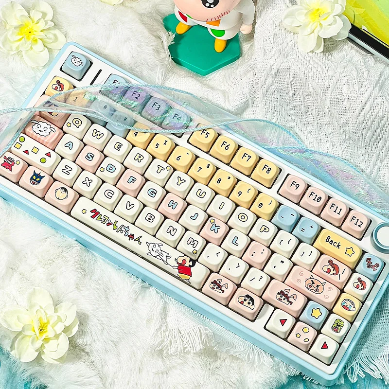 Playful Crayon Shin-chan PBT MOA keycaps set displayed from multiple angles, highlighting vibrant character art and smooth spherical profiles.