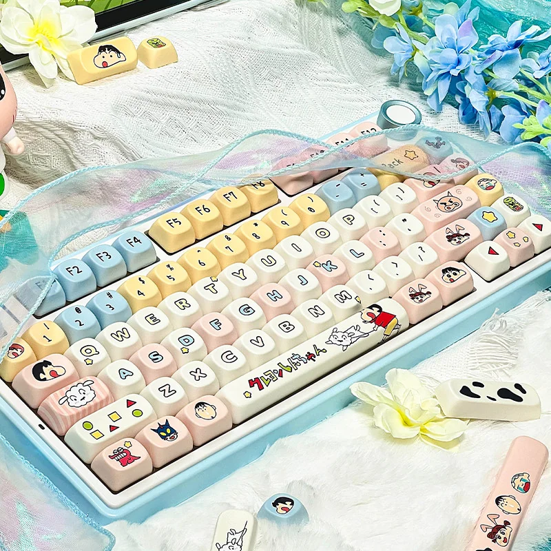 Crayon Shin-chan PBT MOA keycap set, playfully presented in a unique can, featuring vibrant art and smooth spherical keycaps compatible with all layout.