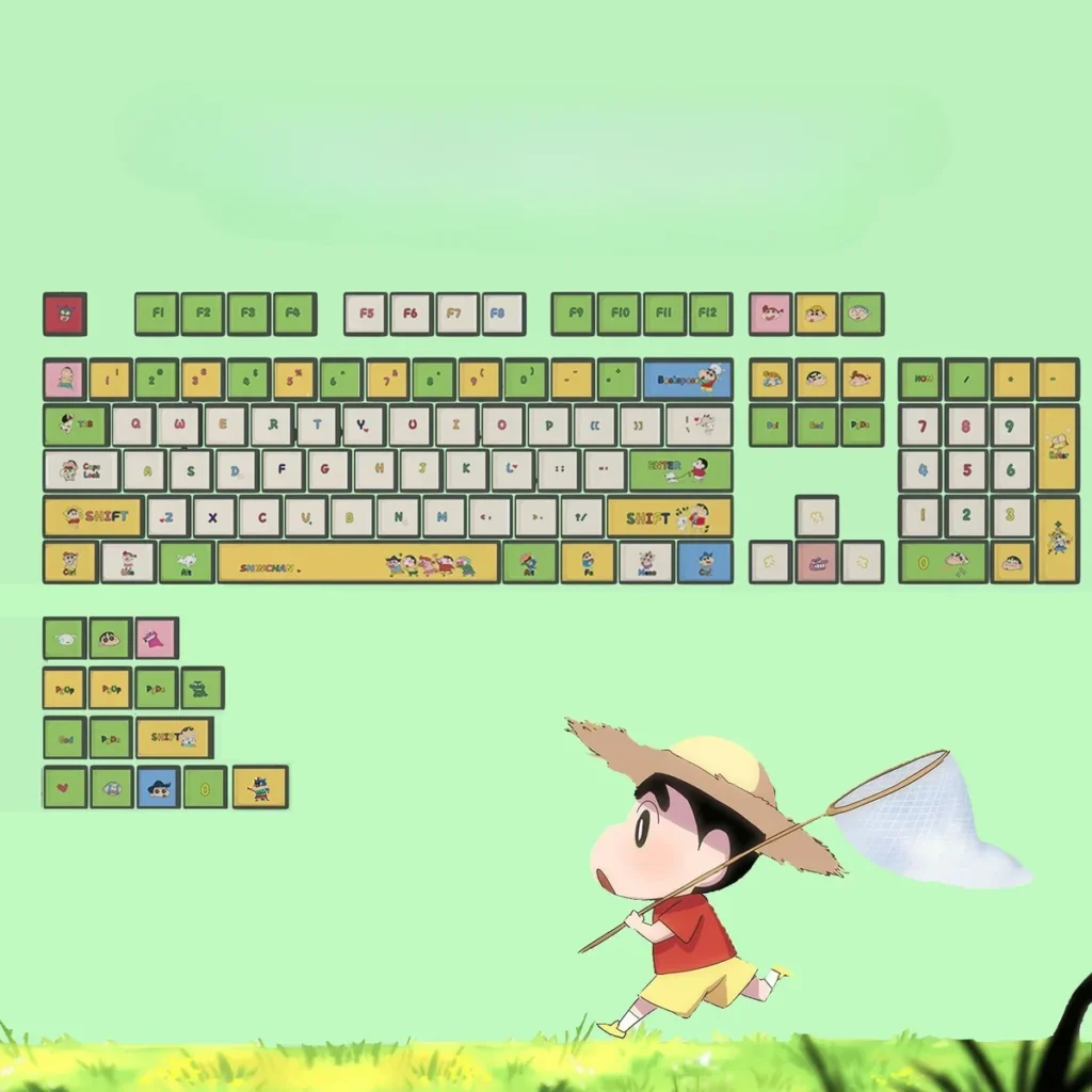 Iconic Crayon Shin-chan PBT backlit keycaps set with vibrant, playful cartoon designs, showcasing dye-sub durability.