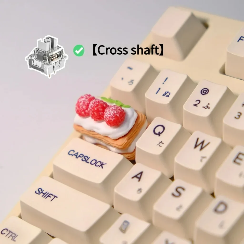 Detailed views of the handcrafted Cream Raspberry Layer TAB keycap, highlighting its intricate raspberry and cream layers, premium artisan craftsmanship.