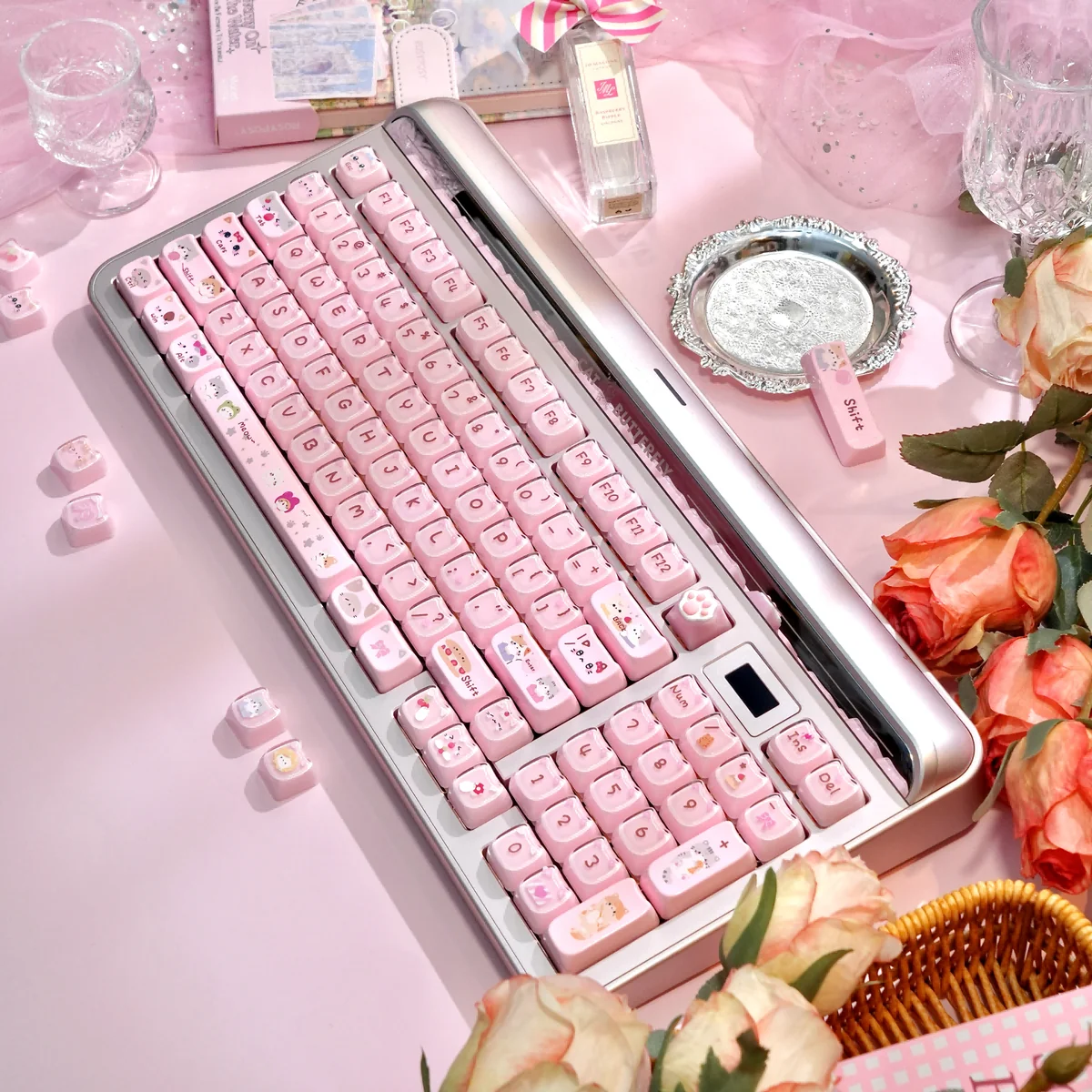 A vibrant collection of Crystal Jelly MAO Keycap Set, highlighting their ergonomic MAO profile and playful, double-layered pastel designs.
