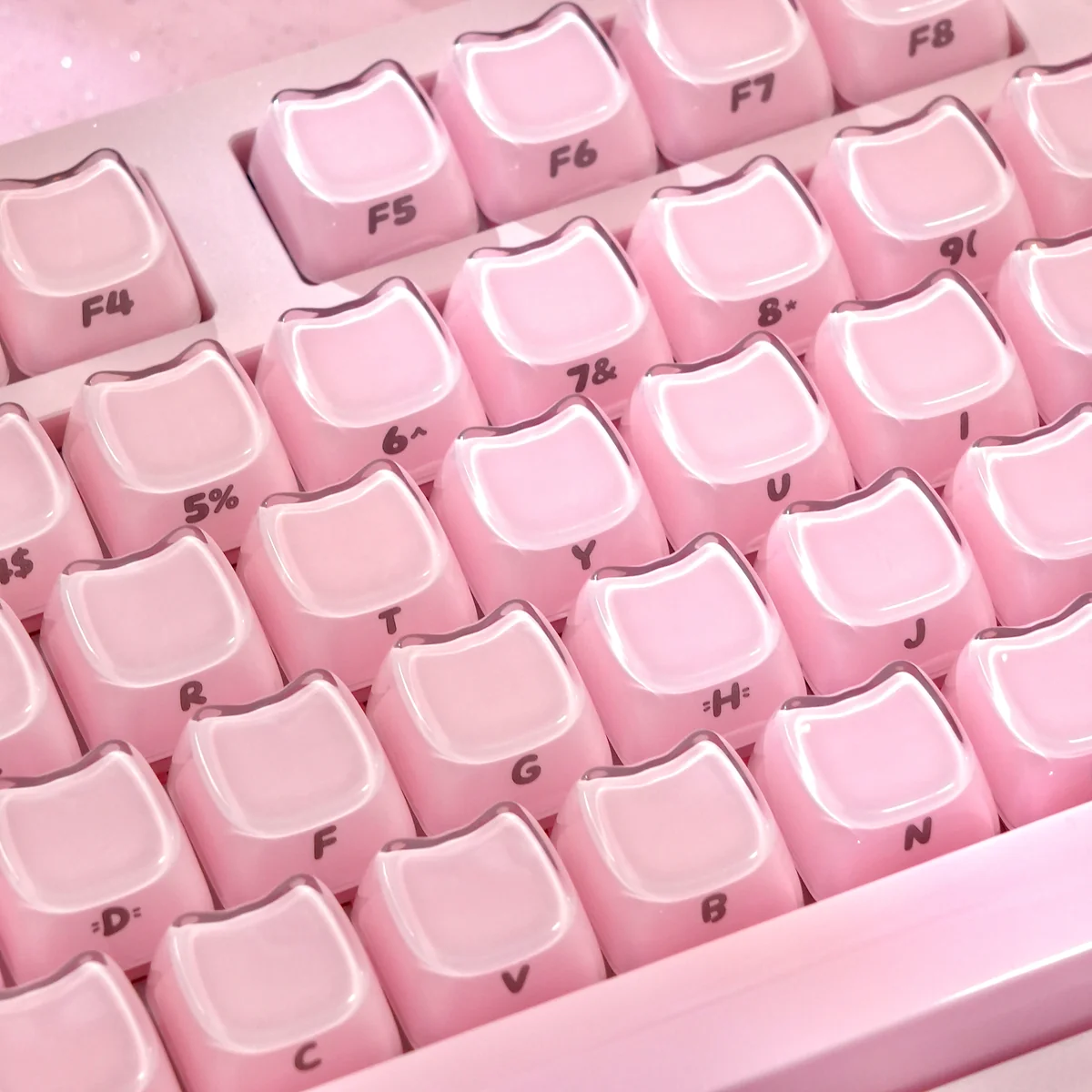 Translucent Crystal Jelly MAO keycaps set, featuring playful cat art and pastel hues. Gallery views highlight the sleek ergonomic MAO profile and double-layer design.