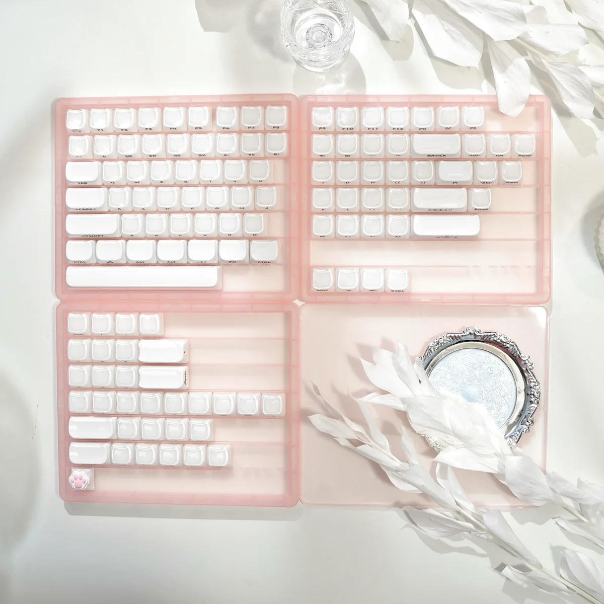 White translucent Crystal Jelly MAO profile keycaps set, showcasing playful cat art with elegant side-engraved legends.
