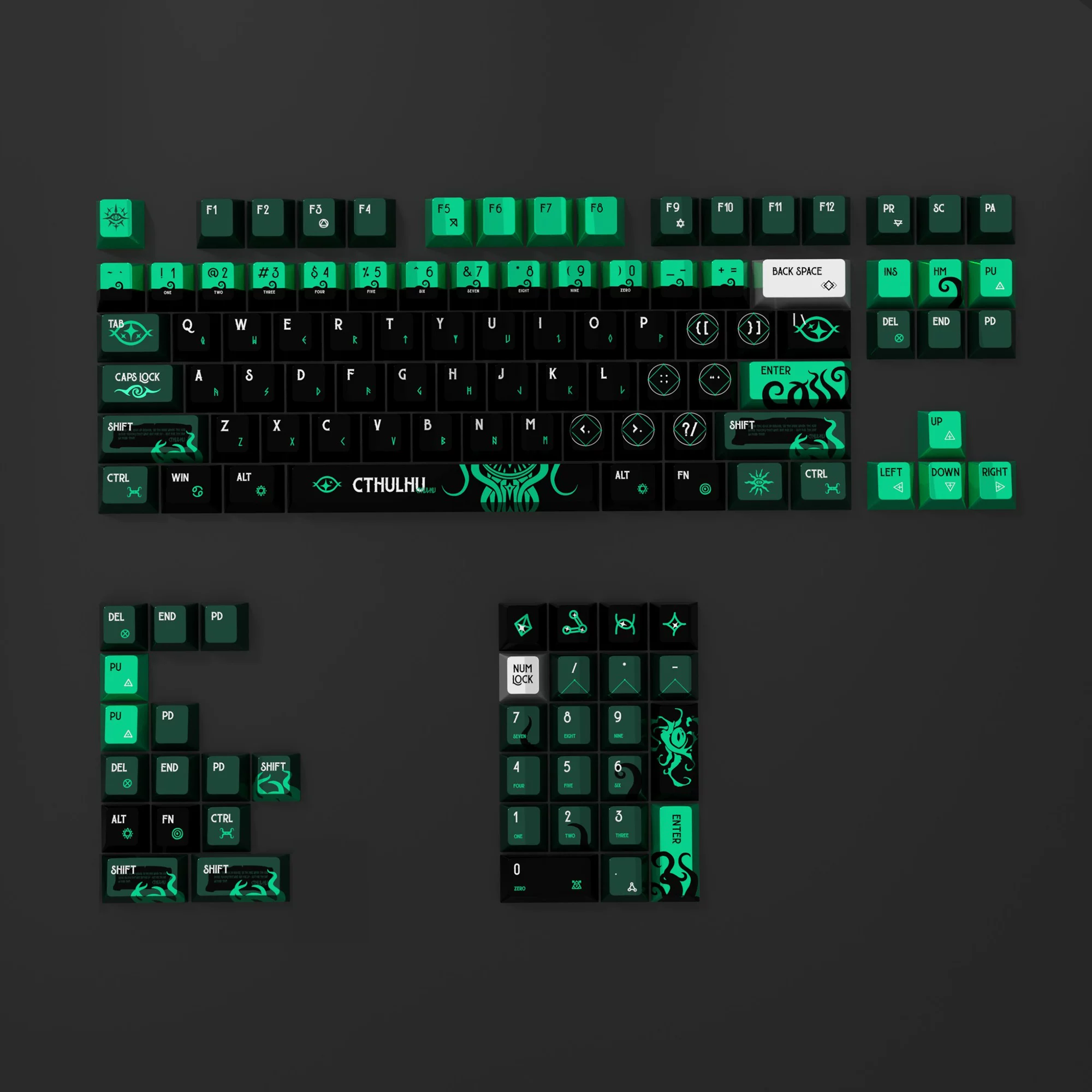 A Cthulhu-inspired keycap set with a dark, ancient aesthetic and pearlescent metallic finish, designed for magnetic switch keyboards.