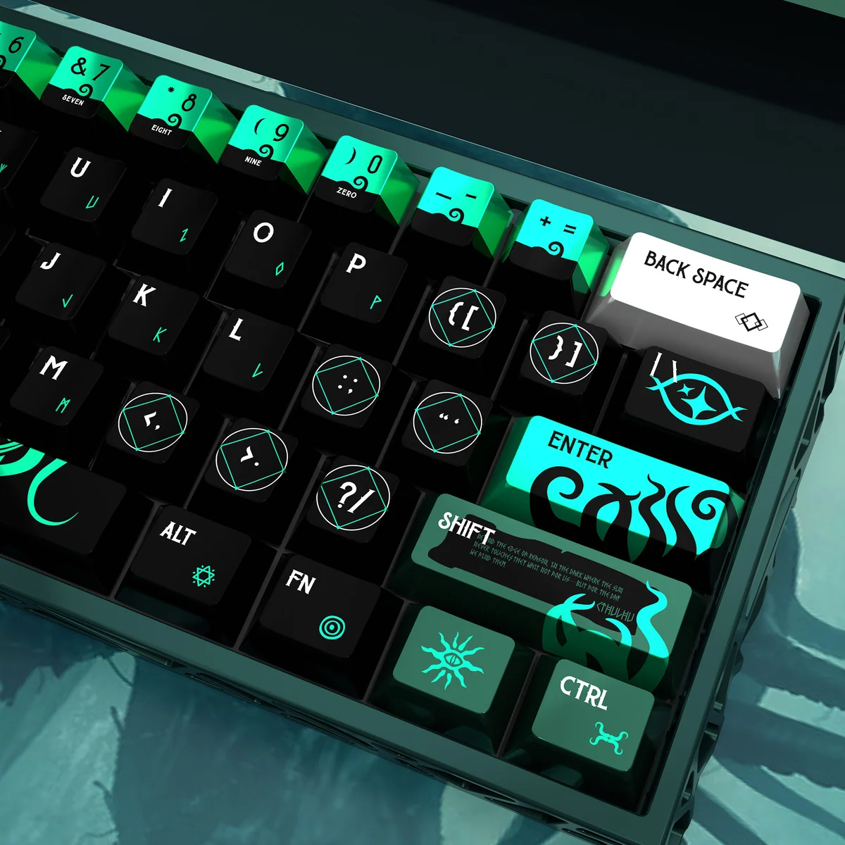 Close-up of premium Cthulhu PBT keycaps set for magnetic switch keyboards, showcasing the dark, pearlescent finish and intricate ancient motifs from multiple angles.