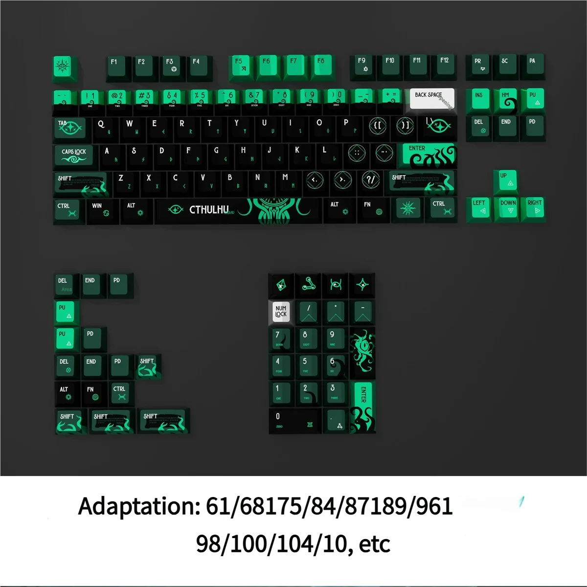 Cthulhu pearlescent PBT keycaps set for magnetic switch keyboards, detailed from various angles. Showcases otherworldly motifs and a shimmering metallic finish coating.