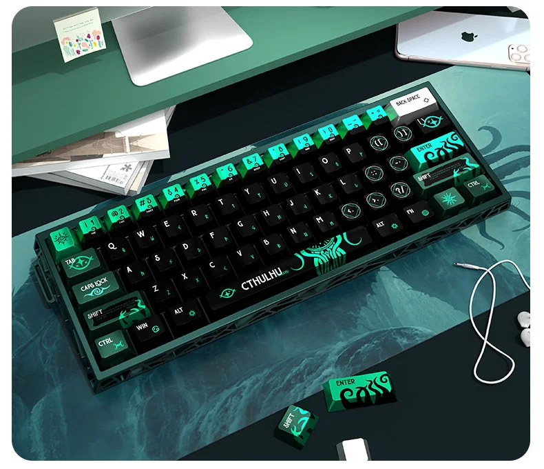 Small set of Cthulhu keycaps set, featuring a dark, ancient, pearlescent metallic finish, optimized for magnetic switch keyboards.