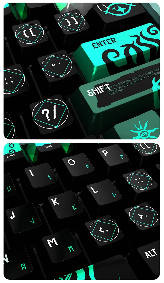 Cthulhu pearlescent PBT keycaps set for magnetic switch keyboards, detailed from various angles. Showcases otherworldly motifs and a shimmering metallic finish coating.