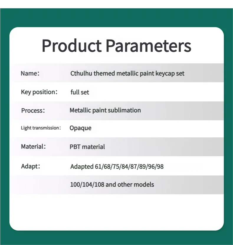 Details of Cthulhu pearlescent PBT keycaps set for magnetic switch keyboards, detailed from various angles. Showcases otherworldly motifs and a shimmering metallic finish coating.