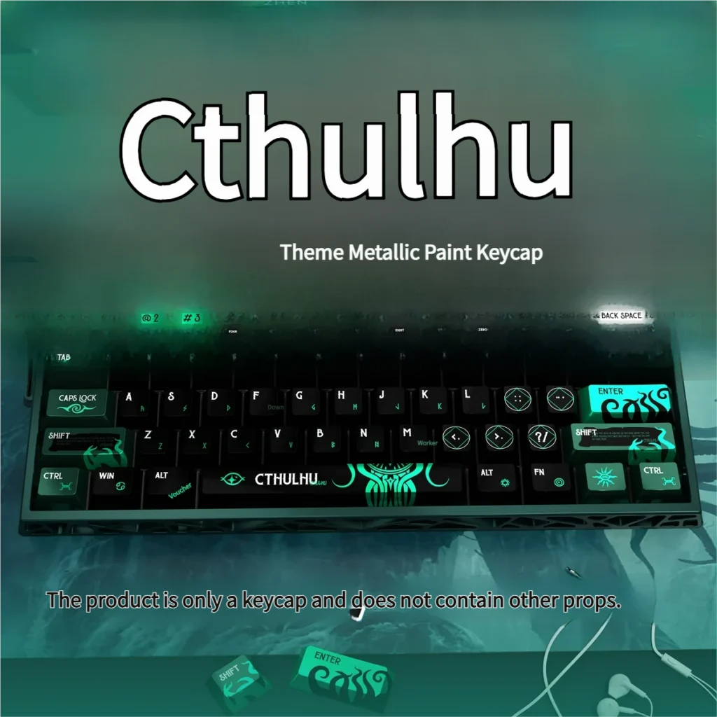 Cthulhu Keycaps Set: Dark, shimmering pearlescent PBT for magnetic switch keyboards, showcasing ancient otherworldly motifs with a premium finish.