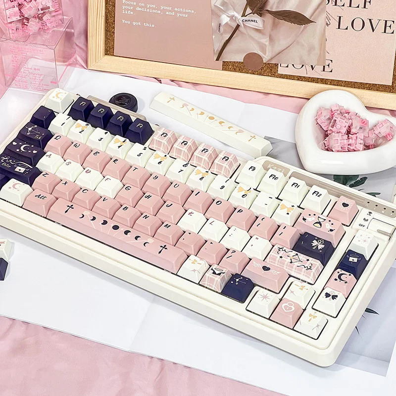 A close-up view of the Cupid The Poetry Elegant PBT Keycap Set, showcasing its romantic classical aesthetics with delicate legends and premium muted colors.